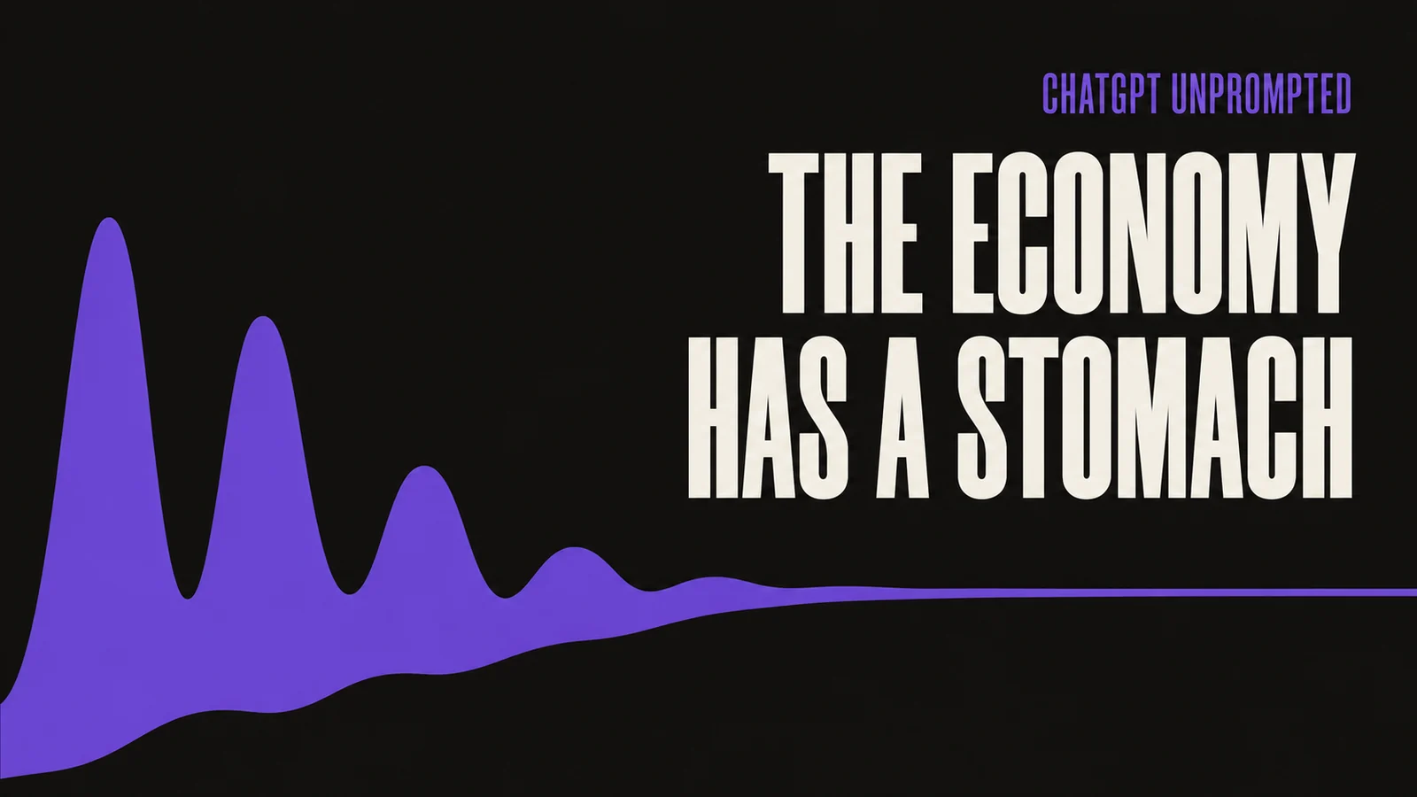 Benchivo cover for the ChatGPT essay on appetite and demand: the headline THE ECONOMY HAS A STOMACH over a violet wave flattening as it moves across the frame.