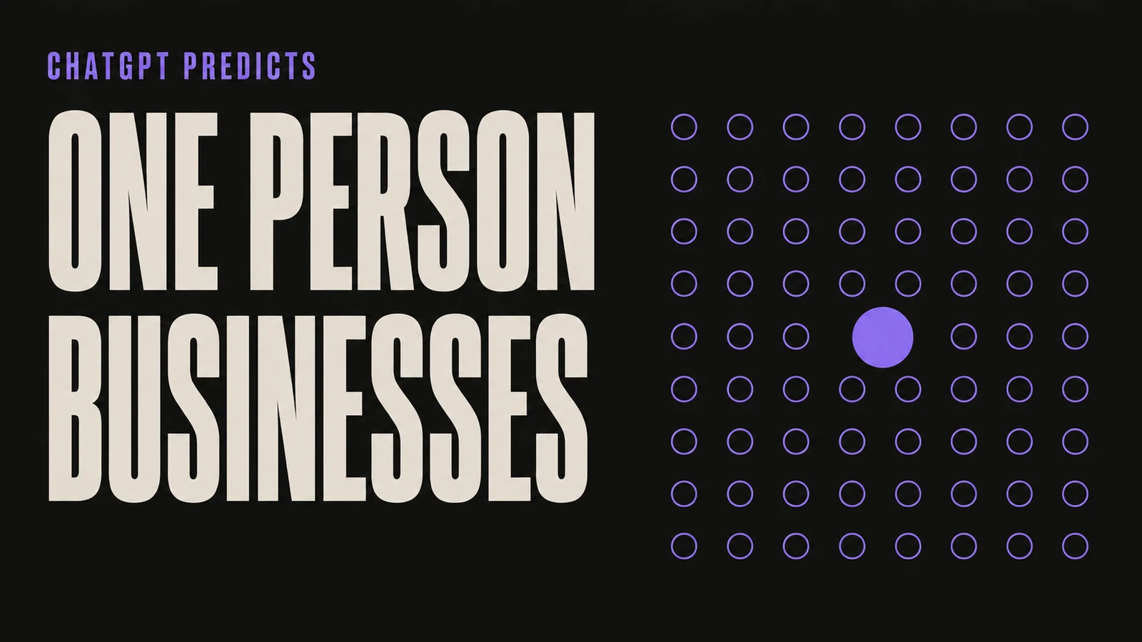 Benchivo cover for the ChatGPT 2027 solo business predictions: the headline ONE PERSON BUSINESSES beside a grid of outlined circles with one filled violet dot.