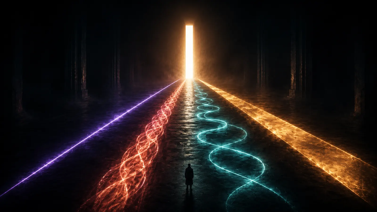 Four beams of very different character — a thin violet dart, a dense coral ribbon, a teal beam looping back on itself, a blunt amber slab — running from a small figure to one tall column of light
