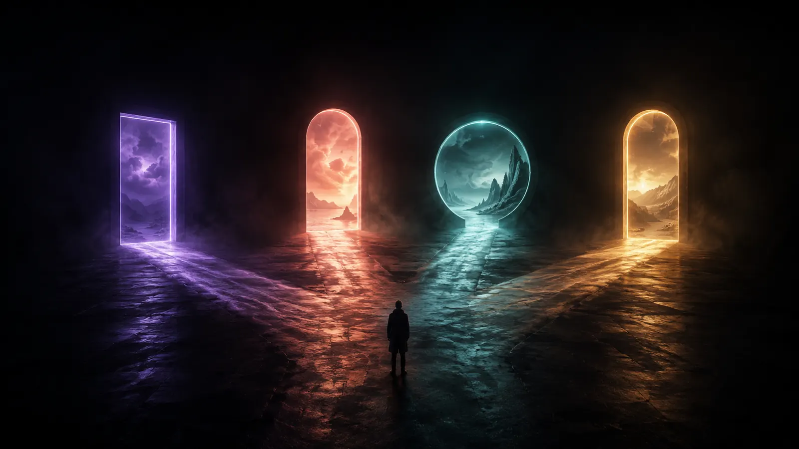 Four glowing doorways of light in a dark hall — violet, coral, teal and amber, each a different shape — with a small figure standing at the junction between them