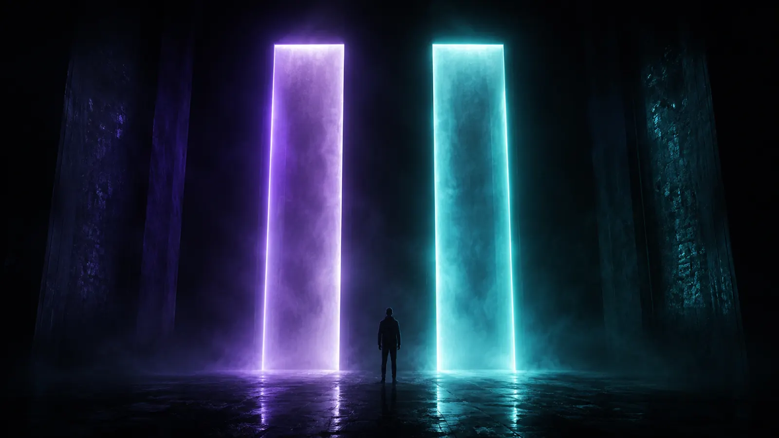 Two identical tall slabs of light standing side by side in a dark hall, one faintly violet and one faintly teal, with a small figure between them looking up